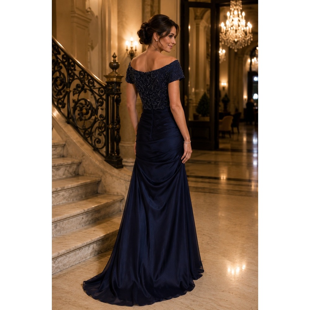 NWT La Femme Navy Beaded Off‎ Shoulder Mermaid Evening Gown Formal Dress 2